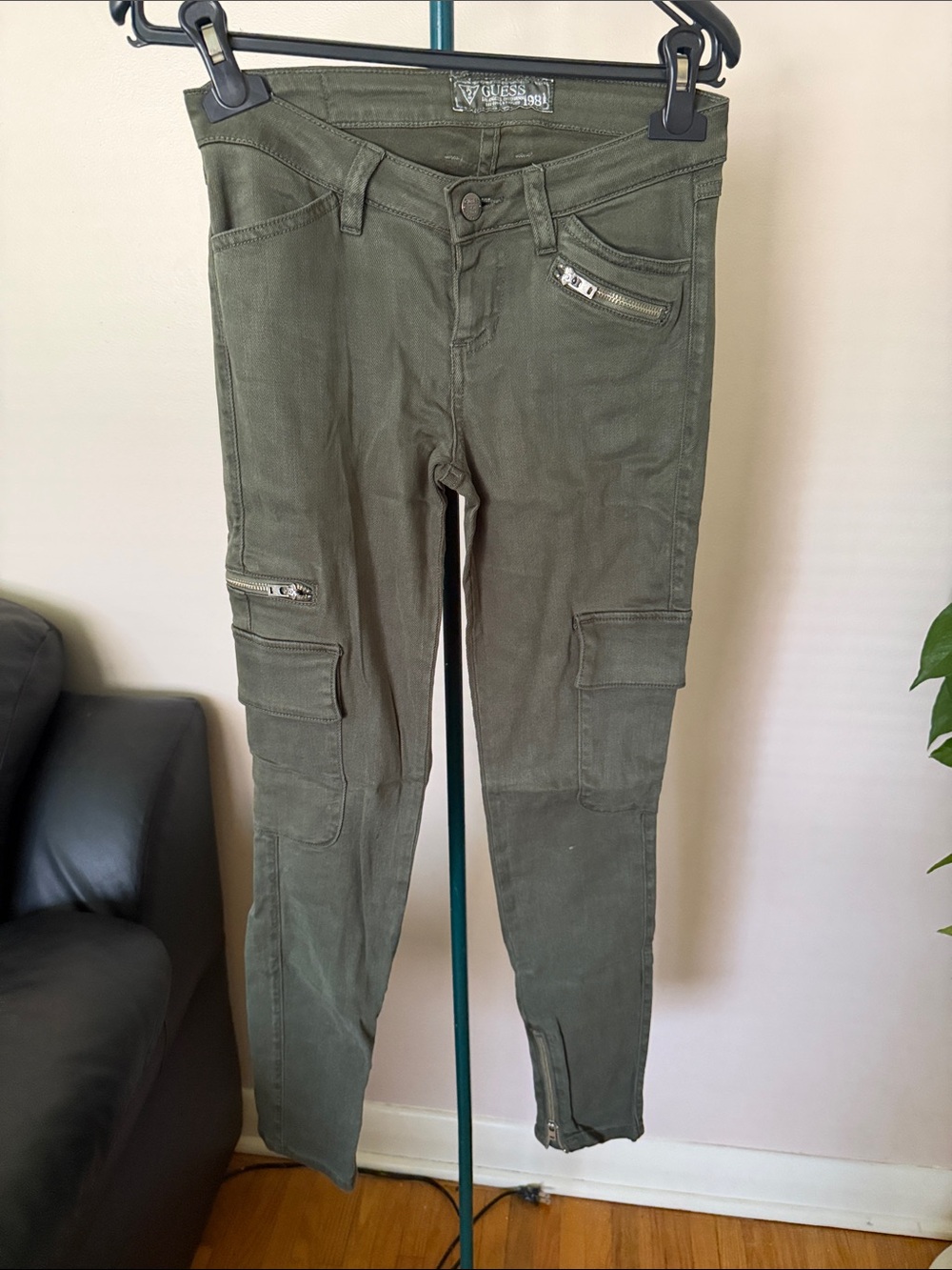 GUESS Olive Green Slim Cargo Pants with Zipper Details
